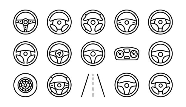 Steering wheel icon set automotive control and driving technology illustrations