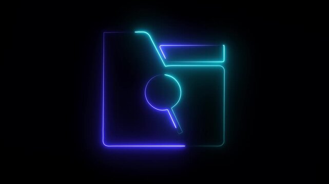 Glowing neon folder icon on a black background. 4k video animation ,neon outline icon of a folder with background .