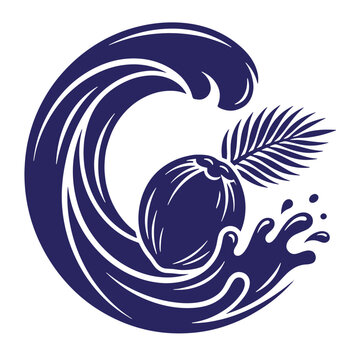 Coconut fruit with palm leaf and ocean wave silhouette design summer time sea wave vacation mode nature element tropical fruit tropical silhouette vacation