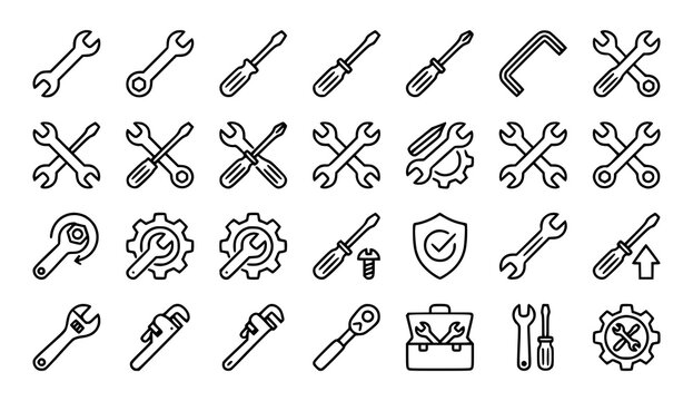 Black and white line art icons tools repair and mechanical equipment
