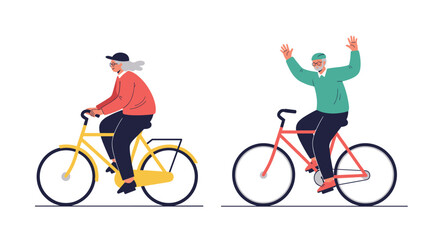 Fototapeta premium Senior couple enjoying an outdoor bike ride on colorful bicycles against a clean white background during a sunny day.