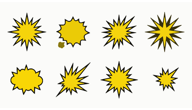 Eight yellow comic book explosion effects vector illustrations