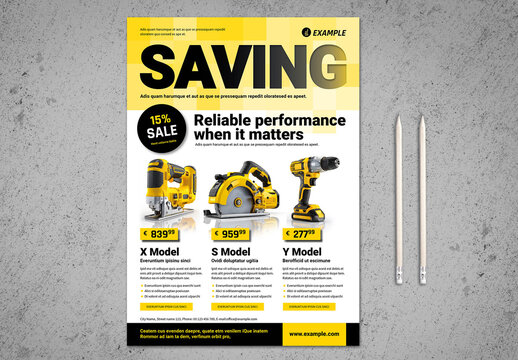 Construction Tools Flyer with Yellow and Black Elements