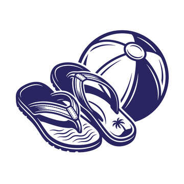 Summer beach essentials icon featuring flip flops and a beach ball in a retro vector graphic style summer time vacation mode vacation accessories illustration