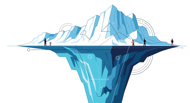 Symbolic iceberg illustration showing a small portion above water and a massive hidden foundation with people standing on the tip.