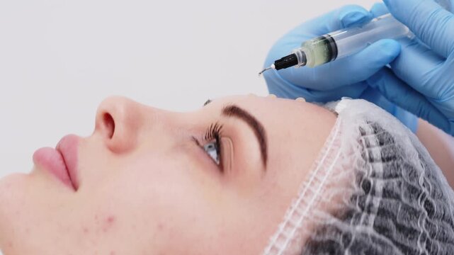 Female undergoing cosmetic treatment with a syringe, close-up view of forehead, medical professional in blue gloves applying serum to skin in a clinical setting