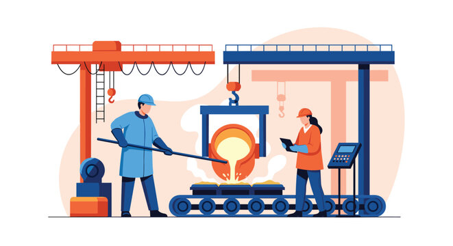 Skilled industrial workers in a steel foundry pouring molten metal from a large orange ladle onto a manufacturing conveyor belt system.