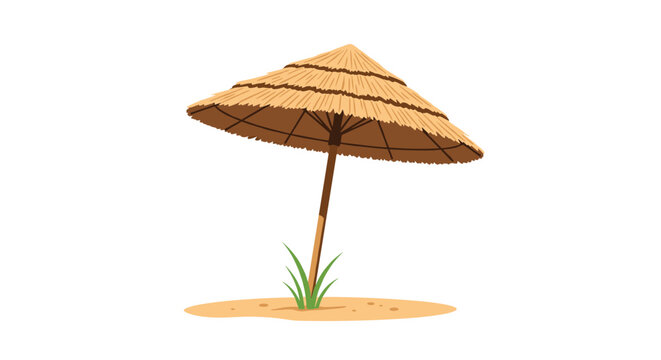 Simple thatched beach umbrella made of natural straw material standing alone on a small patch of sand with green sea grass around it.