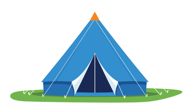 Spacious blue canvas bell tent is pitched on a green field to provide a luxurious glamping experience in a natural environment.