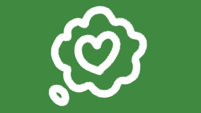 White heart in thought bubble hand-drawn cartoon graphic with chalk outline dream cloud and love icon isolated on green screen background for mindfulness symbol and mental health wellness line art.