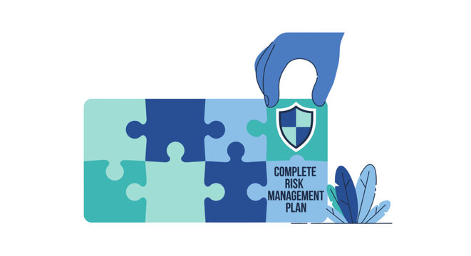 Business Risk Management Plan Concept: Hand Placing Final Jigsaw Puzzle Piece with Security Shield Icon for Strategic Protection