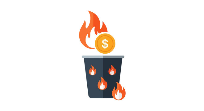 Money Burning Concept: Vector Illustration of a Dollar Coin Falling into a Flaming Trash Can Representing Financial Loss, Inflation, and Wasteful Spending