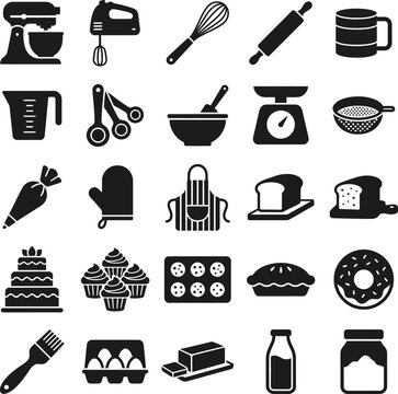 Kitchen appliance and baking tool set silhouettes featuring stand mixer hand mixer rolling pin whisk measuring cup strainer piping bag apron and sweet dessert items.