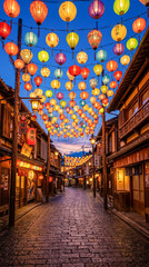 Obraz premium Farolillos decorativos iluminan una calle tradicional creando una atmósfera festiva y acogedora.