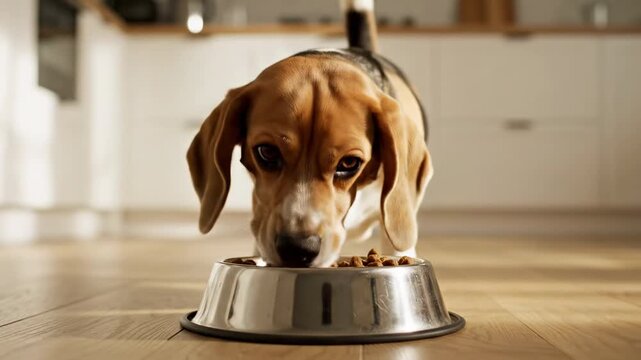 Adorable tri-color beagle puppy earnestly enjoys its nutritious kibble from a shiny metal dish positioned on a polished wooden floor within a cheerful domestic kitchen environment preparing