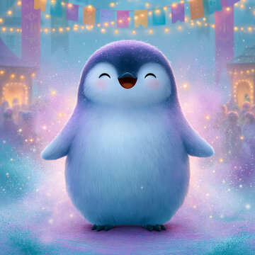 Joyful penguin celebration winter festival illustration magical atmosphere colorful lights whimsical concept
