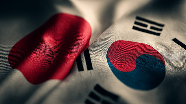 Cultural exchange between japan and south korea flags textiles and symbolism in a close-up shot