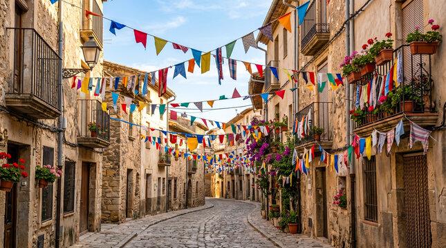 Guirnaldas festivas decorando una calle hist&oacute;rica durante celebraciones populares, ambiente alegre y colorido.