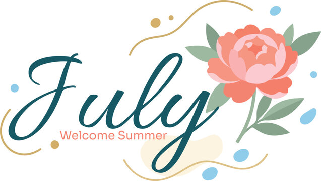 July Welcome Summer typography vector, elegant floral script lettering with pink peony flower, seasonal calendar header and greeting card design