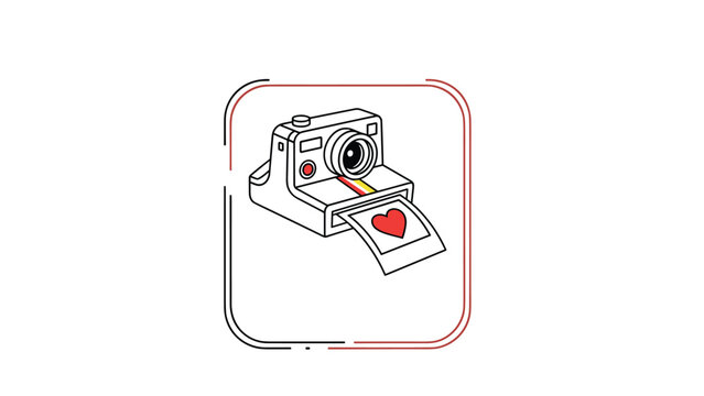 Instant film camera icon ejecting a photo with a red heart symbol represents capturing memories and social media photography.