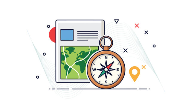 Navigation compass over a map and document with location pins represents travel planning, geography, and exploration concepts.