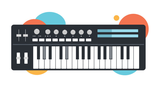 Digital synthesizer keyboard with colorful background shapes represents music production, electronic sound, and studio gear.