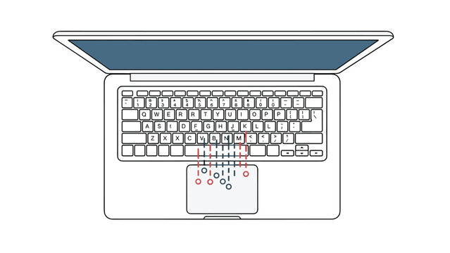 Top-down view of a laptop with colorful lines connecting keys to the trackpad represents typing, coding, or user interaction.
