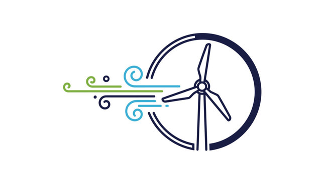 Wind turbine renewable energy icon with stylized wind lines and a power progress bar circle for sustainable environment concepts.
