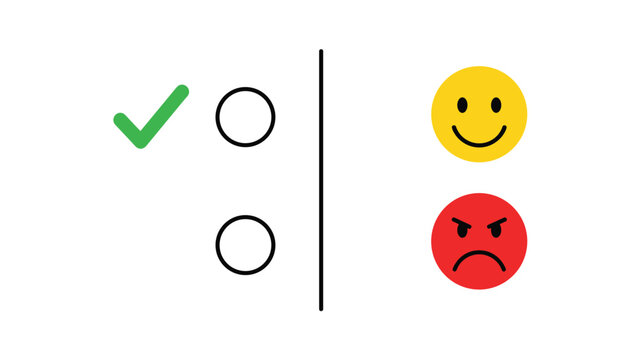 Customer satisfaction survey concept with check marks and rating scale showing happy and angry emoji faces for feedback results.