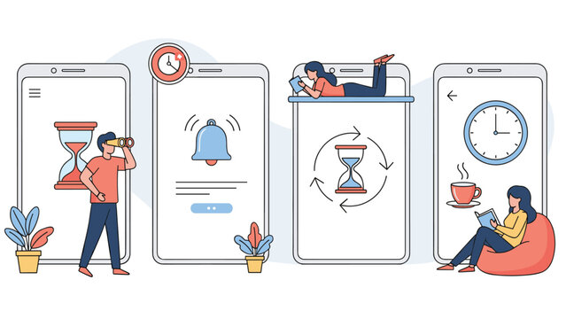Illustration shows people using mobile devices for time management with icons for hourglass, alarm, and clock functions.