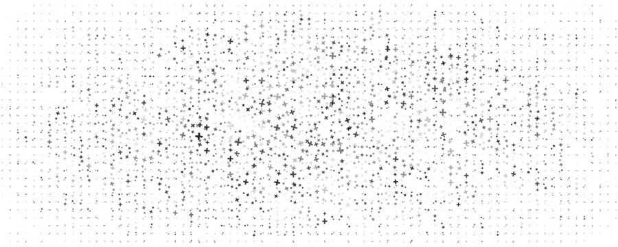 Seamless background pattern of evenly spaced black plus symbols of different sizes and opacity. Vector illustration