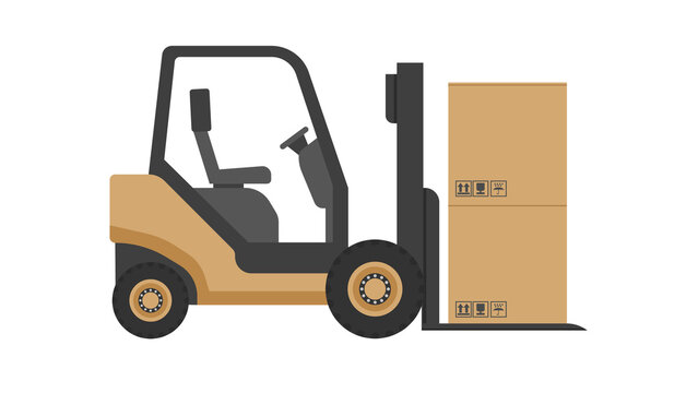 Flat vector illustration of a yellow forklift lifting a large cardboard box with shipping symbols. Clean, modern design on a white background representing warehouse logistics, freight handling, and pa