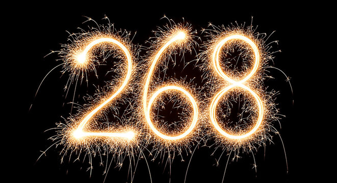 Vibrant fireworks explosion creating the illuminated number 268, ideal for celebrations or numerical visuals.