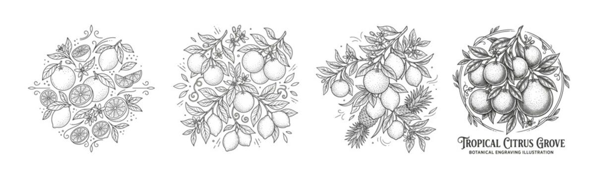 Tropical Citrus Grove Botanical Illustration Set with Lemons, Oranges, Limes and Decorative Engraved Fruit Compositions for Food Packaging and Organic Branding