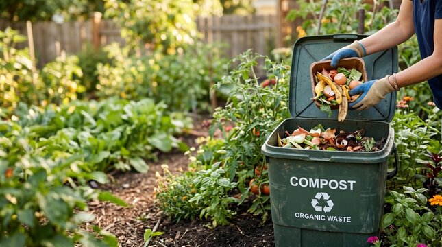 Person adding food waste to an outdoor compost bin in a garden setting