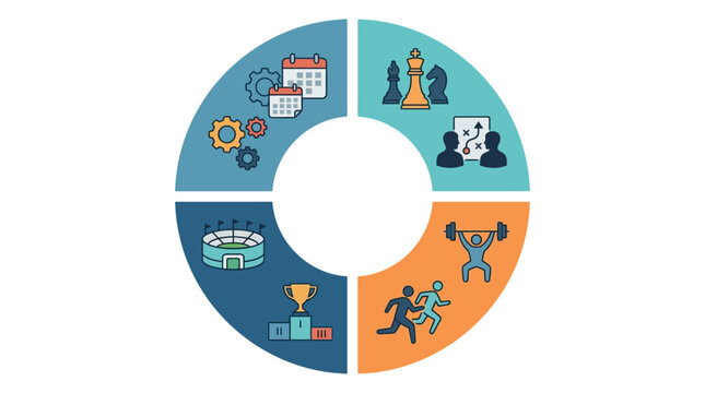 Circular infographic diagram divided into four quadrants featuring vector icons for business planning, strategy, fitness training, and sports achievement on a white background.
