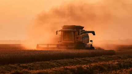 Fototapeta premium Combine Harvester in Action: Sunset Tractor Harvesting in Rural Landscape During Harvest Season