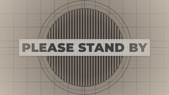 Vintage TV Test Pattern Please Stand By Screen with Glitch Effect and Retro Analog Distortion for Technical Difficulties Background