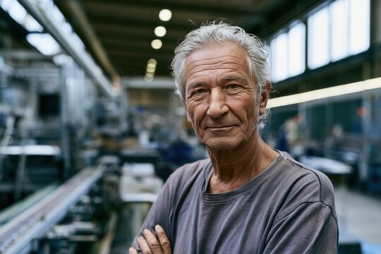 Senior man, grey hair, arms crossed, standing in industrial factory, direct gaze