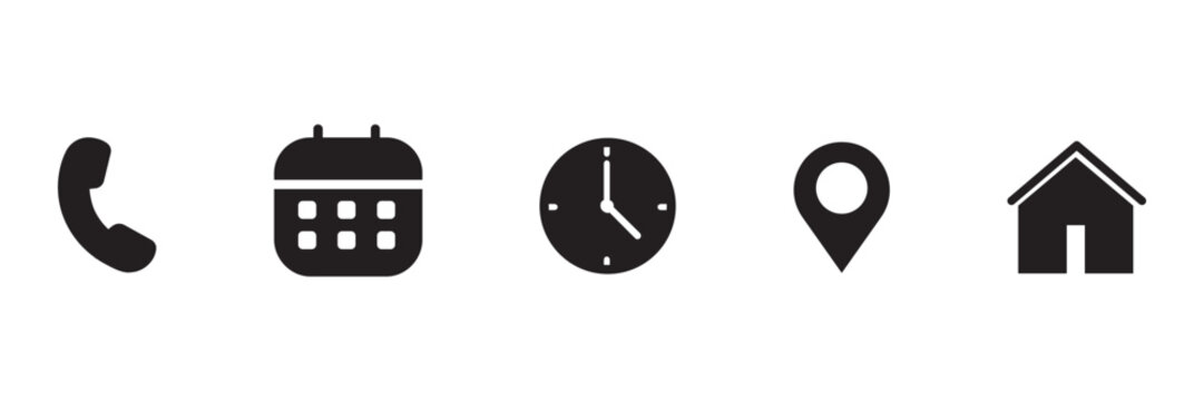 A horizontal row of five solid black interface including a phone, calendar, clock, location pin, and house on a plain white background for digital applications Keywords: phone calendar clock