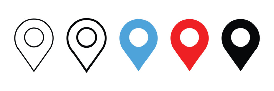 A row of five location pin in various styles and colors including two outline versions one blue one red and one solid black representing navigation and geographical points of interest on a white