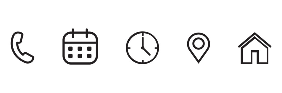A collection of five simple black line representing common contact and location information including a telephone handset a calendar a clock a map pin and a house symbol all isolated on a clean