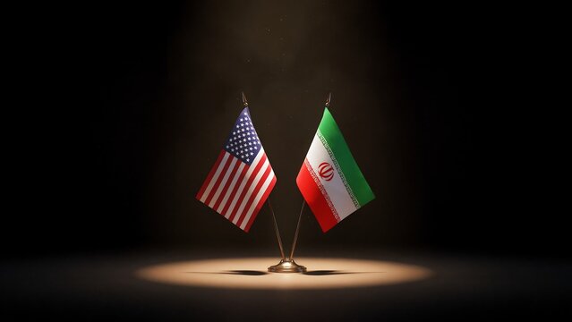 United states and iran flags on stands diplomatic relations concept