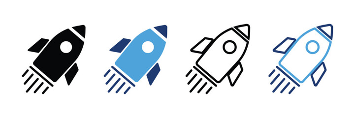 Four distinct rocket ship illustrating different styles and color variations including a solid black silhouette a solid blue and dark blue a black outline version and a blue outline version all © MstNilufa