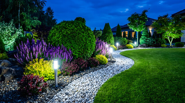 Modern backyard garden with illuminated pebble path and colorful plants at blue hour