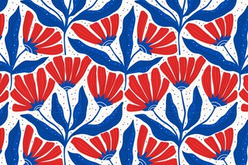 Obraz premium Vibrant retro floral pattern with bold red and blue fan-shaped petals on turquoise background