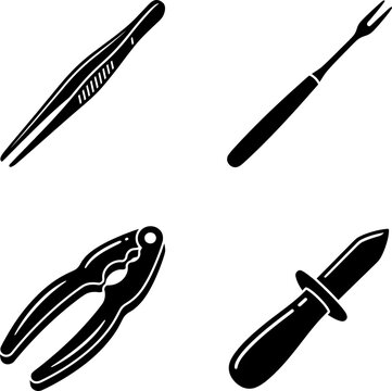 Collection of kitchen handheld tools including culinary tweezers food fork nutcracker and a decorative handle garnish knife presented as minimalist black silhouettes.