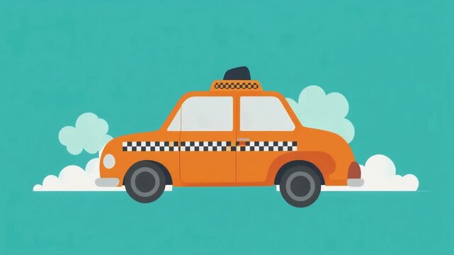 Taxi cab driving animation motion background featuring an orange vehicle with checkered patterns on a solid teal blue backdrop