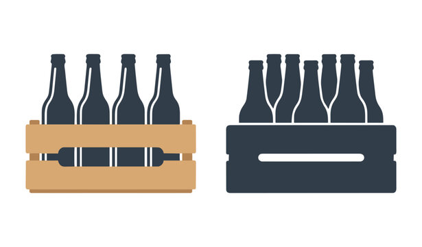 Bottle Crate Icon Set Featuring Wooden Box Storage and Glass Bottles For Beer Wine Cider or Soda Graphic Template