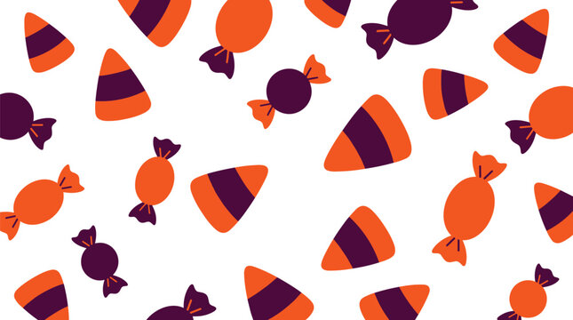 Pixel Art Seamless Pattern Of Candy Corn And Wrapped Candies In Orange And Deep Purple Colors